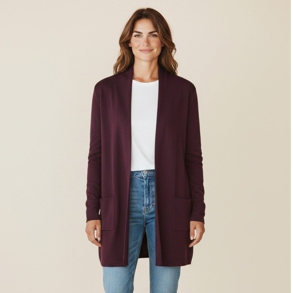 Orvis‎ Womens XL 100% Wool Open Front Cardigan Sweater Plum Purple Longline